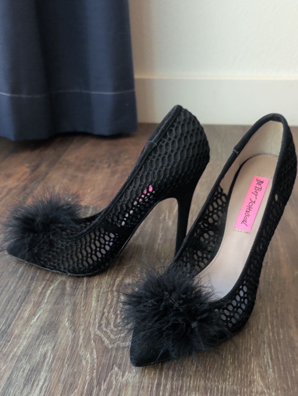 Betsey Johnson Black Mesh Pointed Toe Heels with Pom-Pom